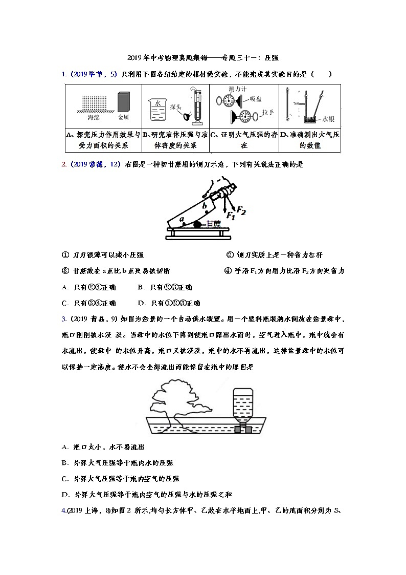 2019年中考物理真题集锦——专题三十一：压强（word版含答案）第1页