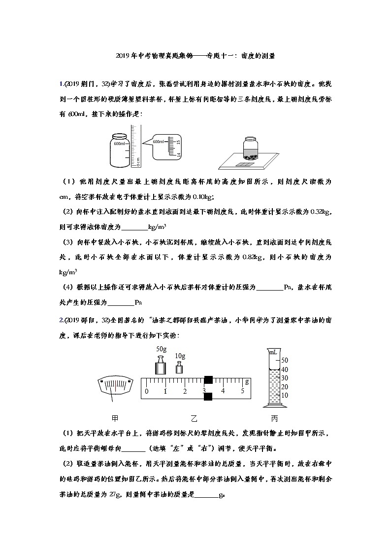 2019年中考物理真题集锦——专题十一：密度的测量(word版含答案)第1页