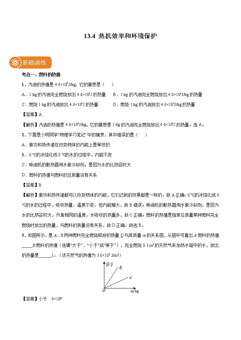 13.4 热机效率和环境保护 同步习题 初中物理沪科版九年级全一册（2022年）01