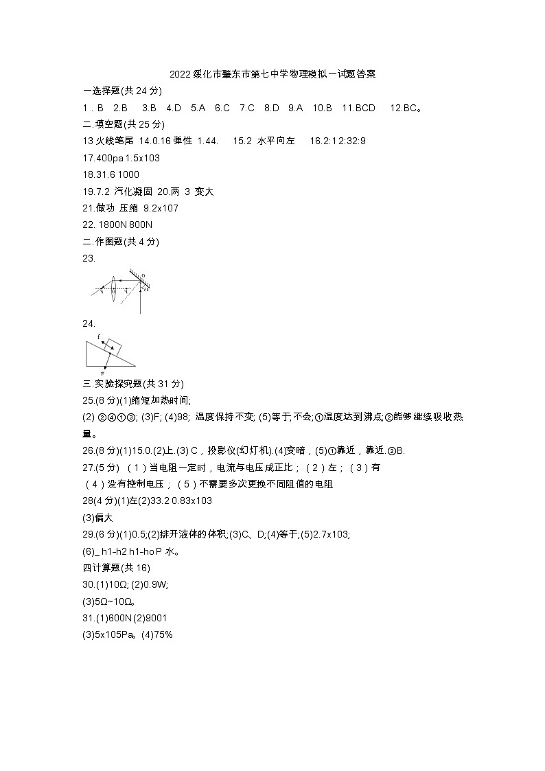 2022年黑龙江省绥化市肇东市第七中学中考物理一模试题+01