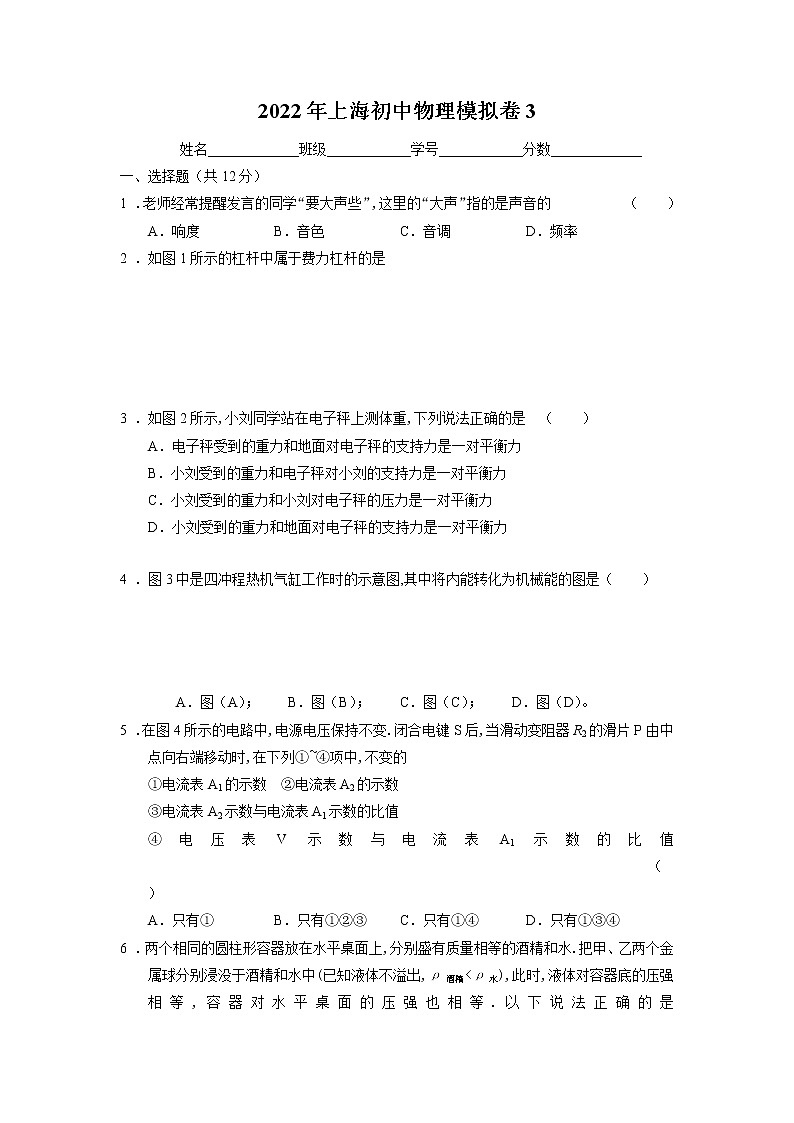 2022年上海市中考模拟物理试题3（上海适用）第1页