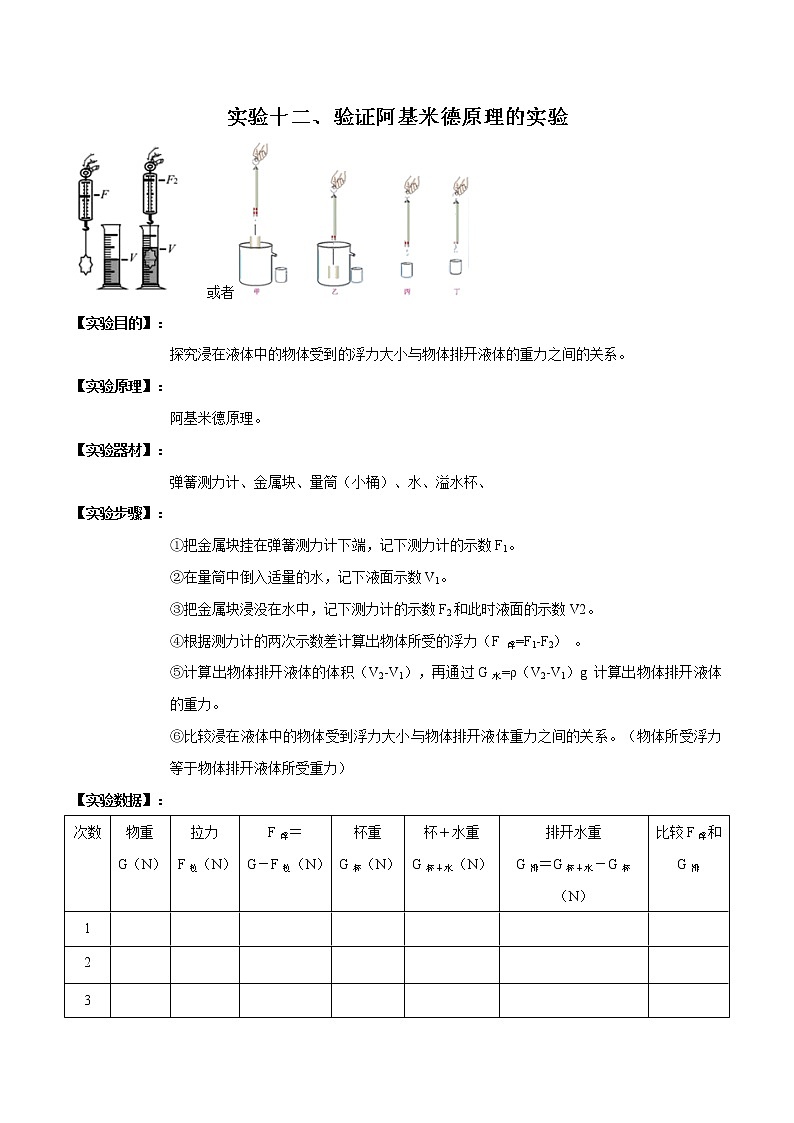 中考物理必考实验-实验12 验证阿基米德原理实验（解析版）练习题01