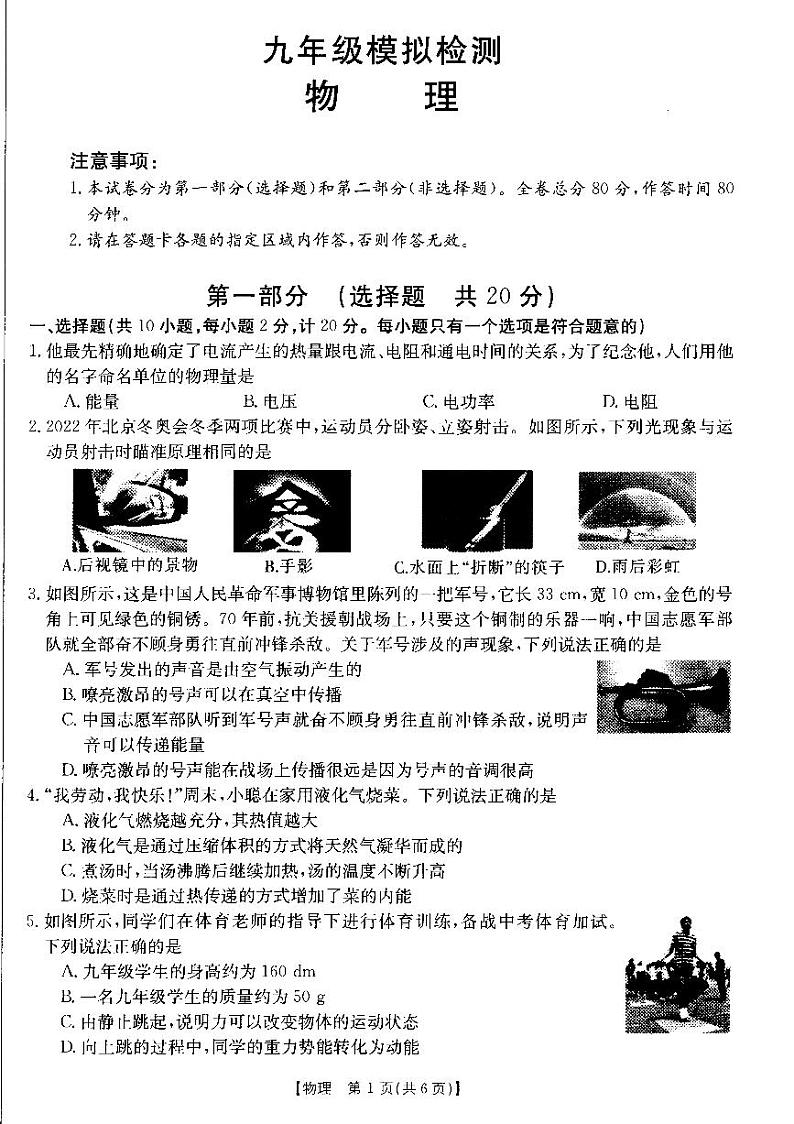 2022年陕西省宝鸡市岐山县九年级中考第一次模拟考试物理试卷01