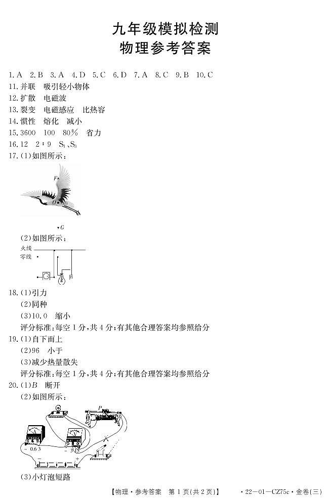 2022年陕西省宝鸡市岐山县九年级中考第一次模拟考试物理试卷01