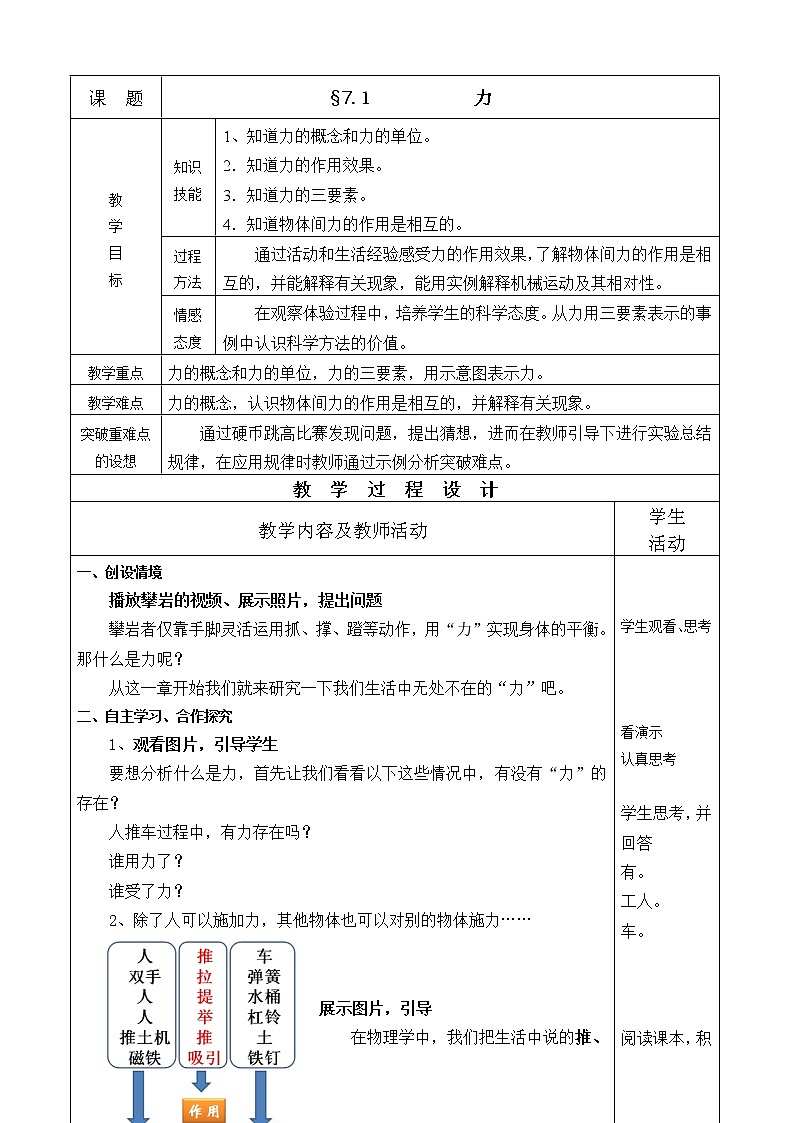 人教版八年级下册物理 7.1力 教案01