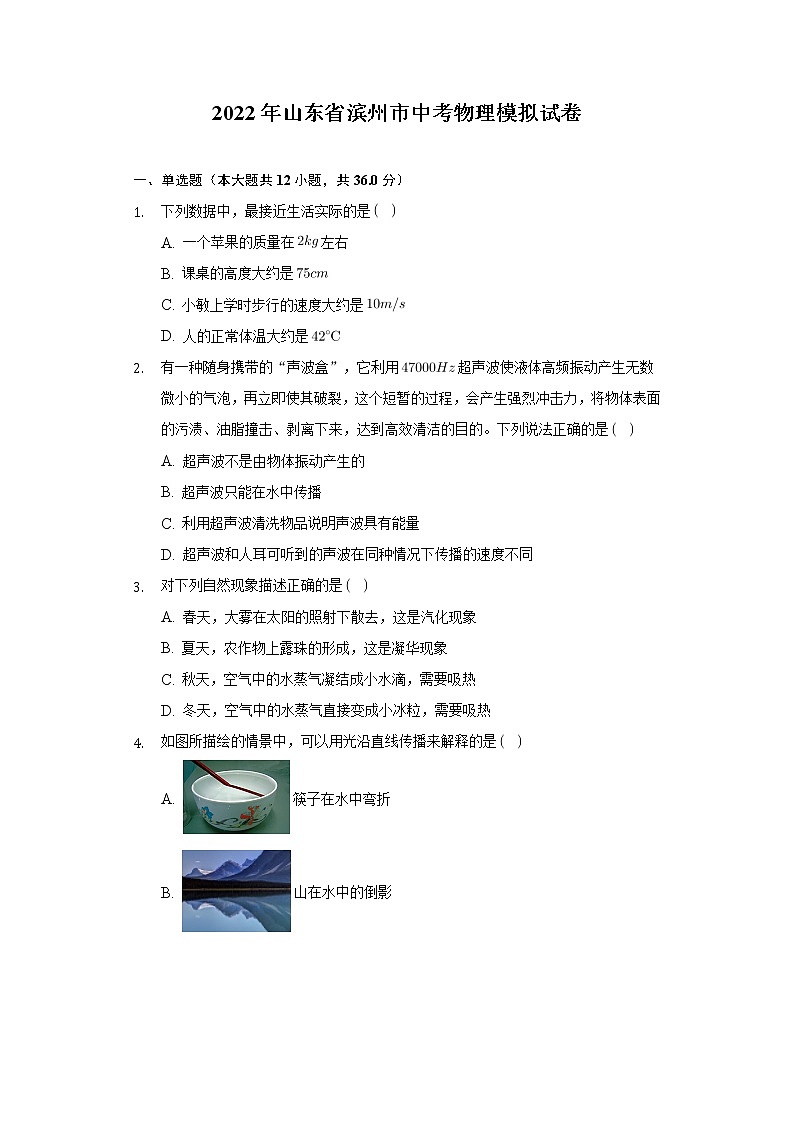 2022年山东省滨州市九年级中考物理模拟卷(word版含答案)01