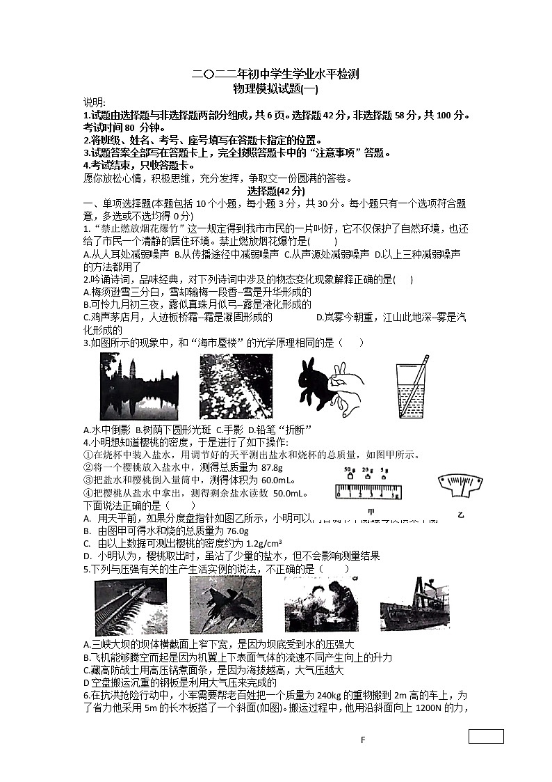 2022年山东省聊城市高唐县中考一模物理试题01