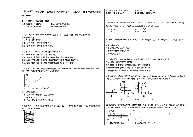 2020-2021学年湖南省株洲市某校八年级（下）（遵道班）期中考试物理试卷人教版第1页