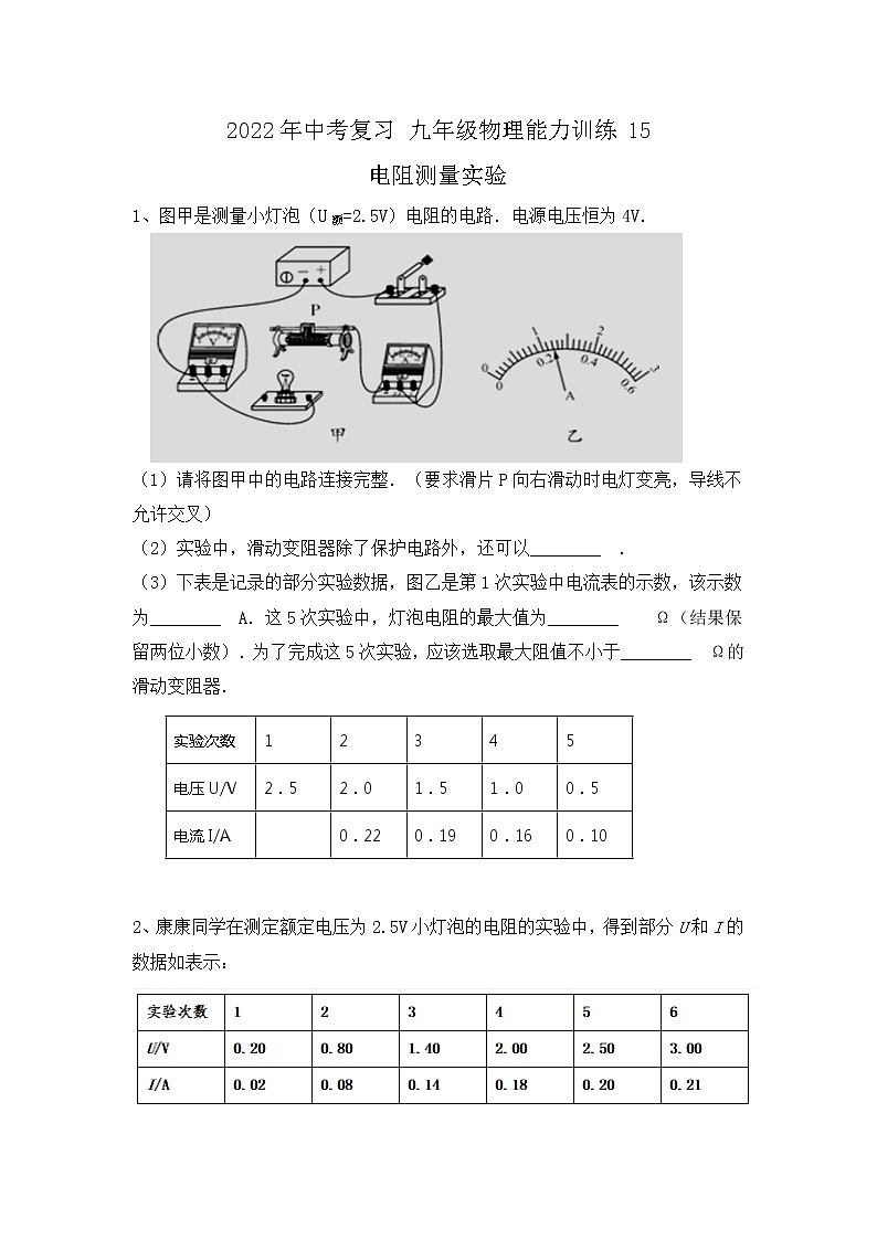 2022年中考复习物理能力训练15-电阻测量实验第1页