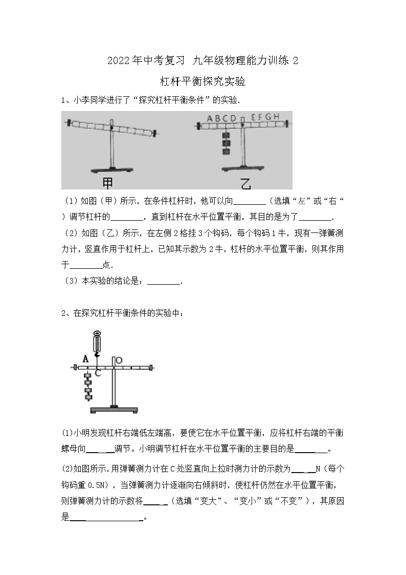2022年中考复习物理能力训练2-杠杆平衡探究实验第1页