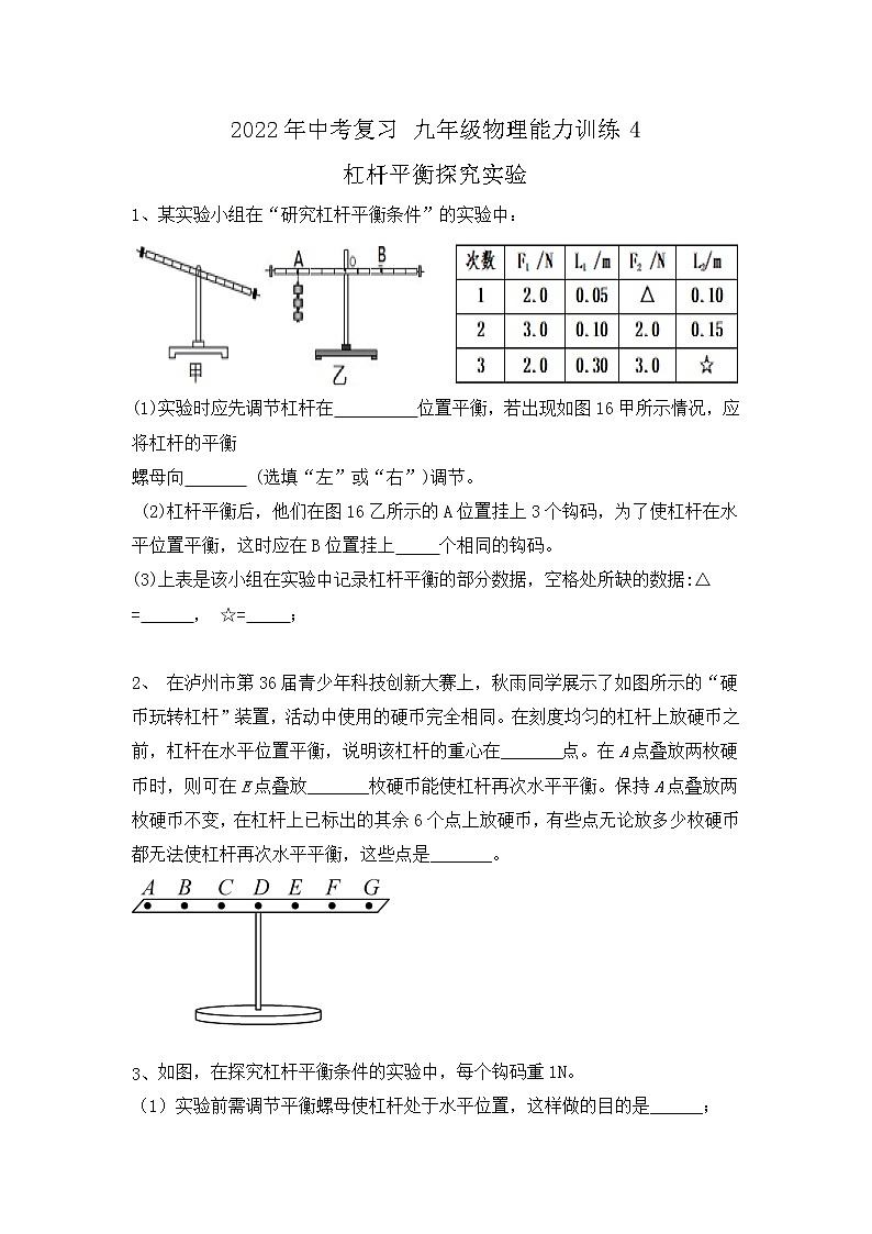 2022年中考物理复习能力训练4-杠杆平衡探究实验第1页