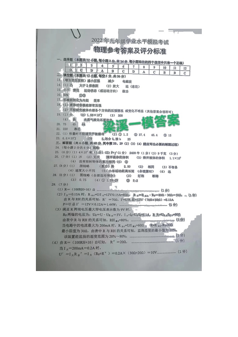 2022年江苏省无锡市梁溪区中考一模物理试卷+01
