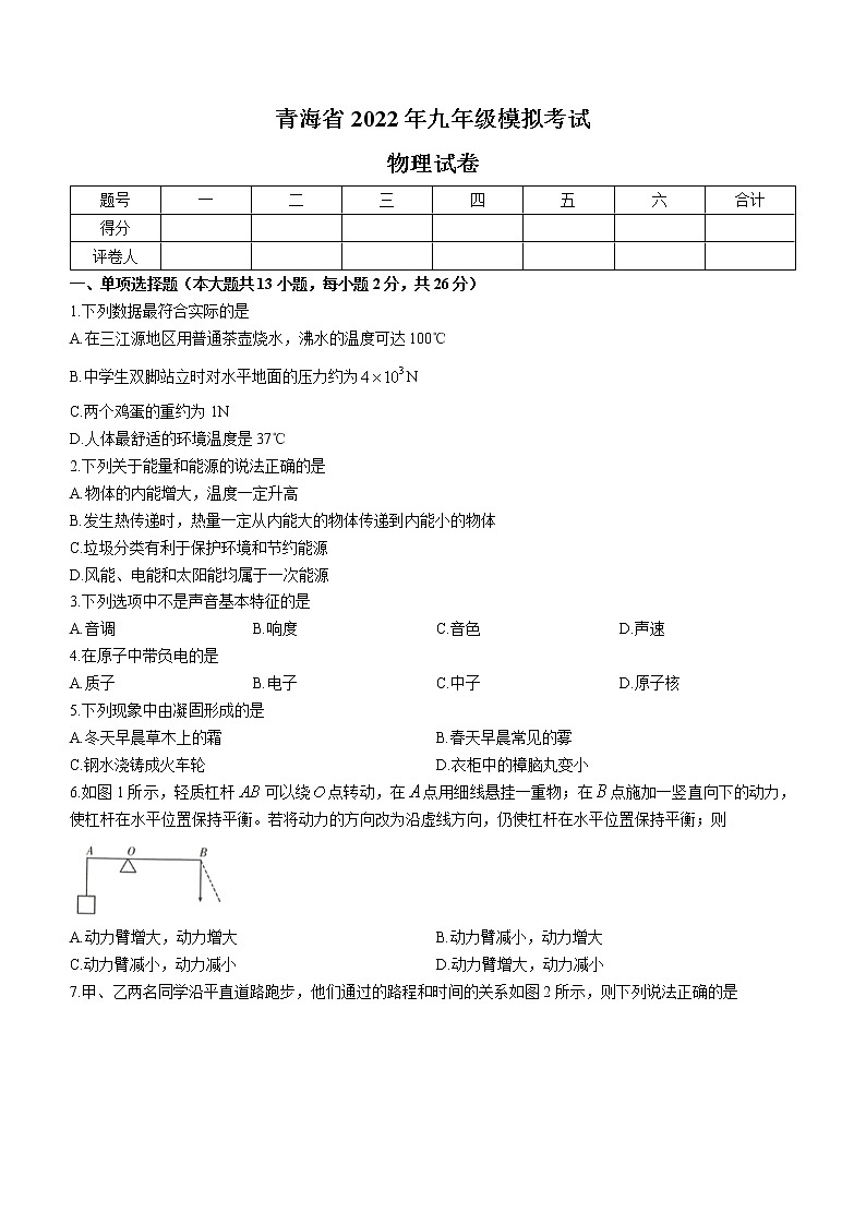2022年青海省中考一模物理试题第1页