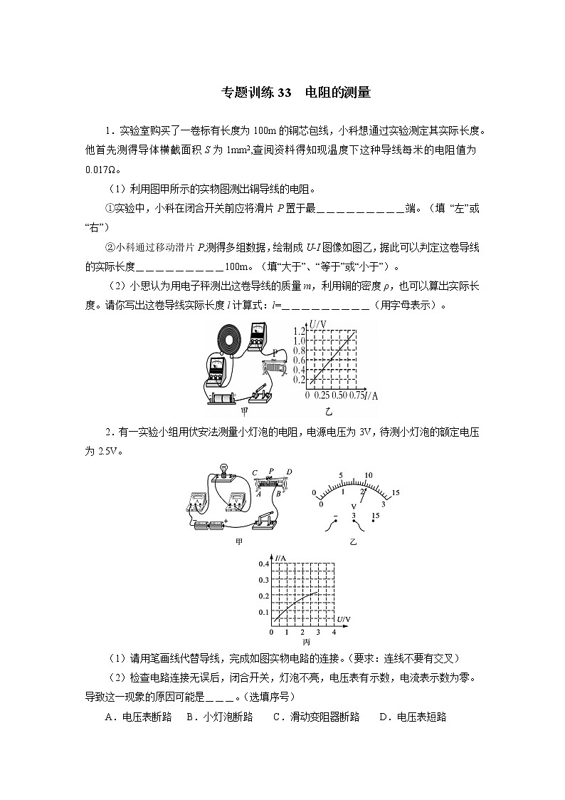 中考必刷题专题     训练33电阻的测量01