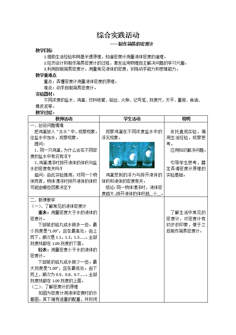 苏科版八下物理 10.6综合实践活动 制作简易的密度计 教案01