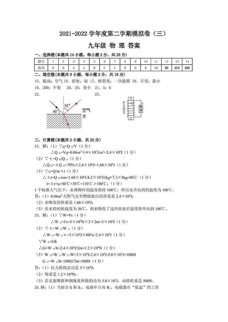 2021-2022第二学期九年级物理模拟卷（三）答案第1页