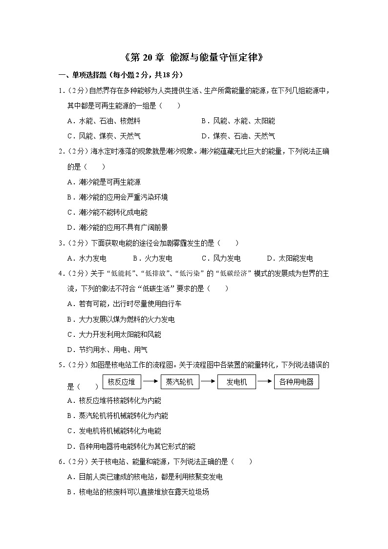 《第20章 能源与能量守恒定律》 单元测试卷01