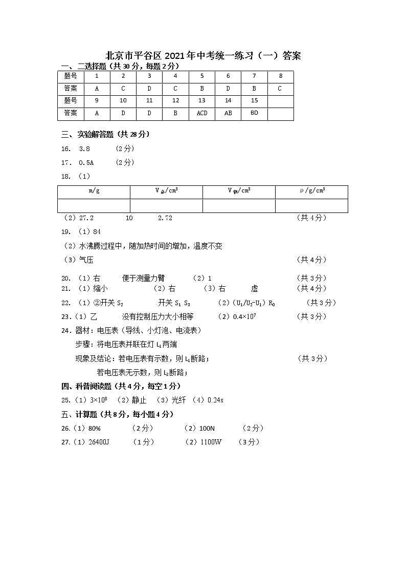 平谷区2022年中考统一练习答案第1页