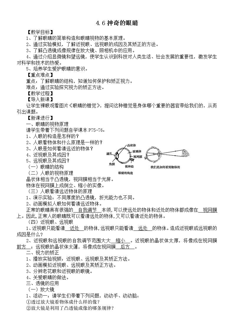 沪科版八年级物理 4.6神奇的眼睛 教案第1页
