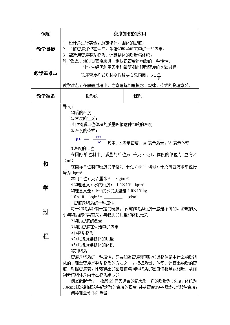 沪科版八年级物理 5.4密度知识的应用 教案第1页