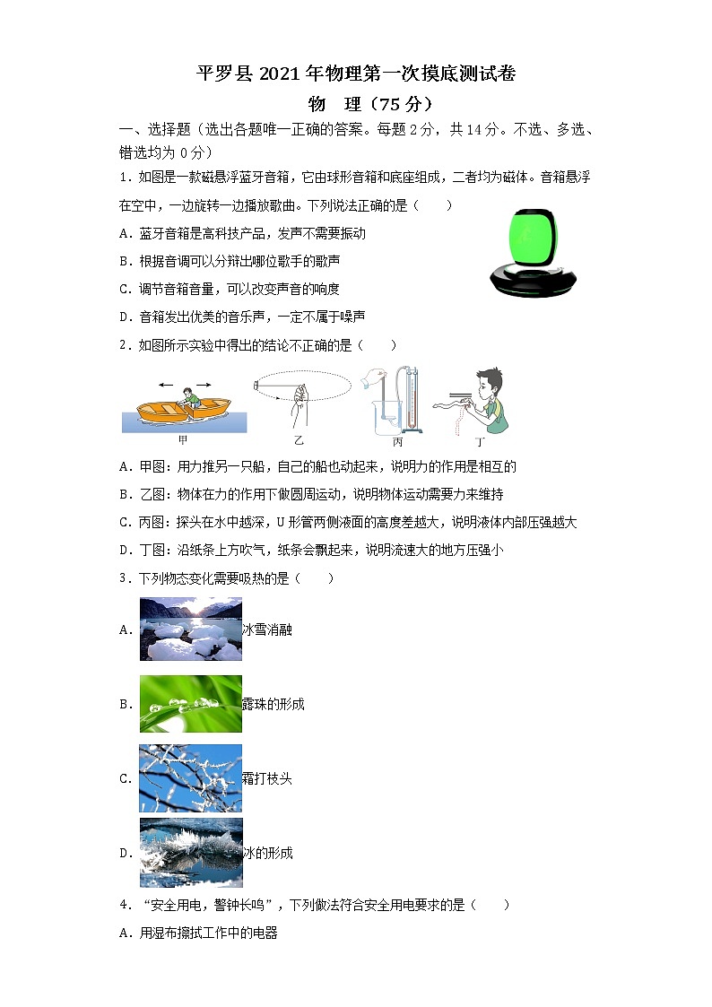 2022年宁夏石嘴山市平罗县初中学业水平模拟（一）物理试题01