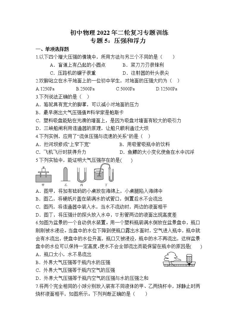 2022年中考物理二轮复习专题训练-压强和浮力第1页