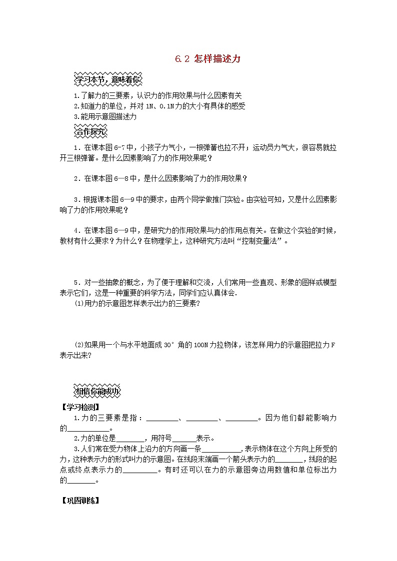 2021秋八年级物理全册第6章熟悉而陌生的力第2节怎样描述力学案2无答案新版沪科版教案01