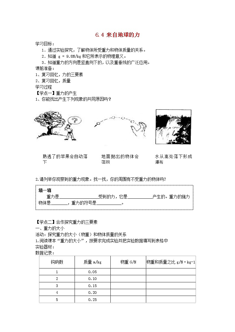 2021秋八年级物理全册第6章熟悉而陌生的力第4节来自地球的力学案3无答案新版沪科版教案01