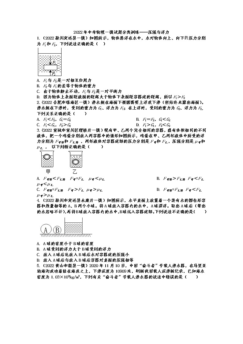 2022年中考物理一模试题分类训练——压强与浮力01