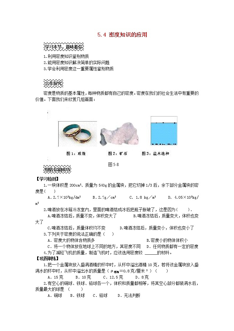 2021秋八年级物理全册第5章质量与密度第4节密度知识的应用学案2无答案新版沪科版202202071235第1页