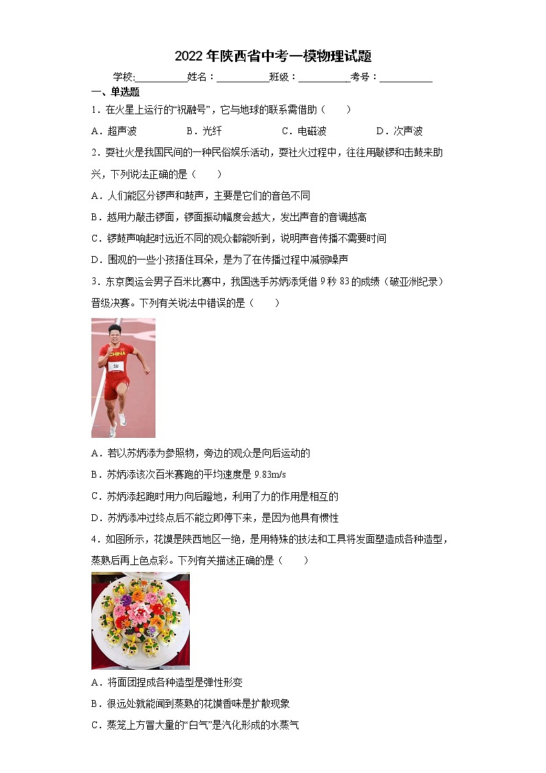 2022年陕西省中考一模物理试题(word版含答案)01