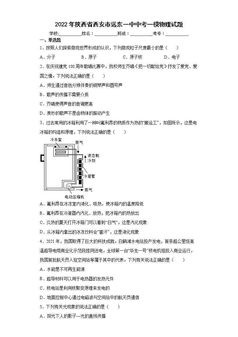 2022年陕西省西安市远东一中中考一模物理试题(word版含答案)01