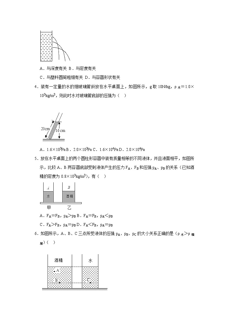 （基础篇）2021-2022学年人教版八年级物理下册 第9章 9.2 液体的压强（含答案）练习题第2页