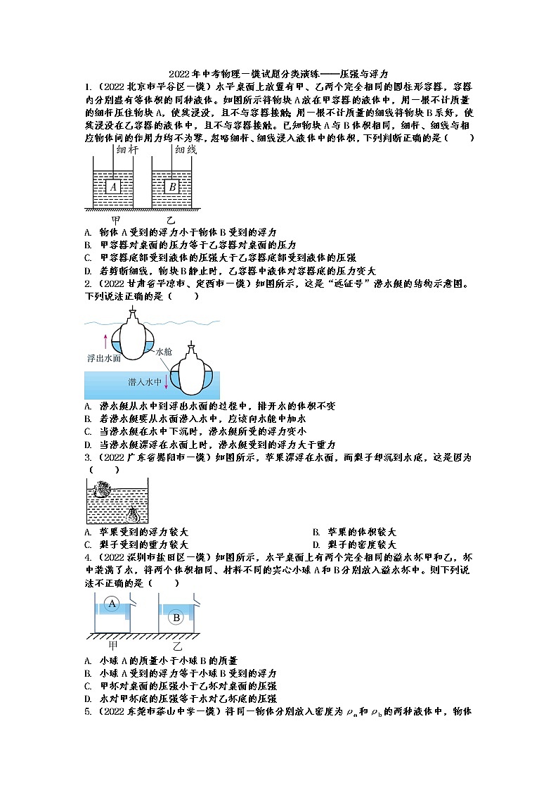 2022年中考物理一模试题分类演练——压强与浮力第1页