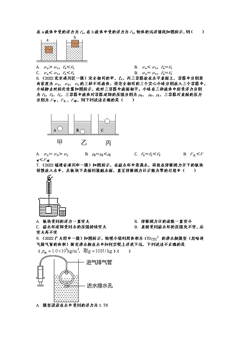 2022年中考物理一模试题分类演练——压强与浮力第2页