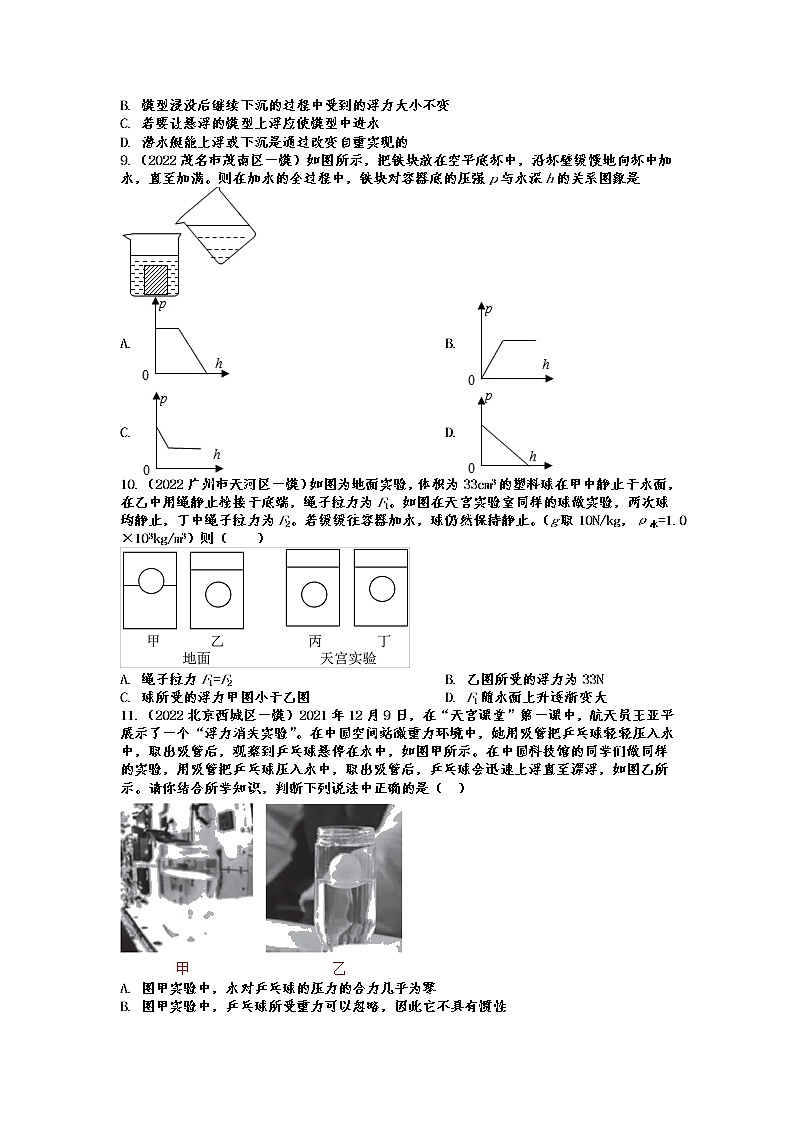 2022年中考物理一模试题分类演练——压强与浮力第3页