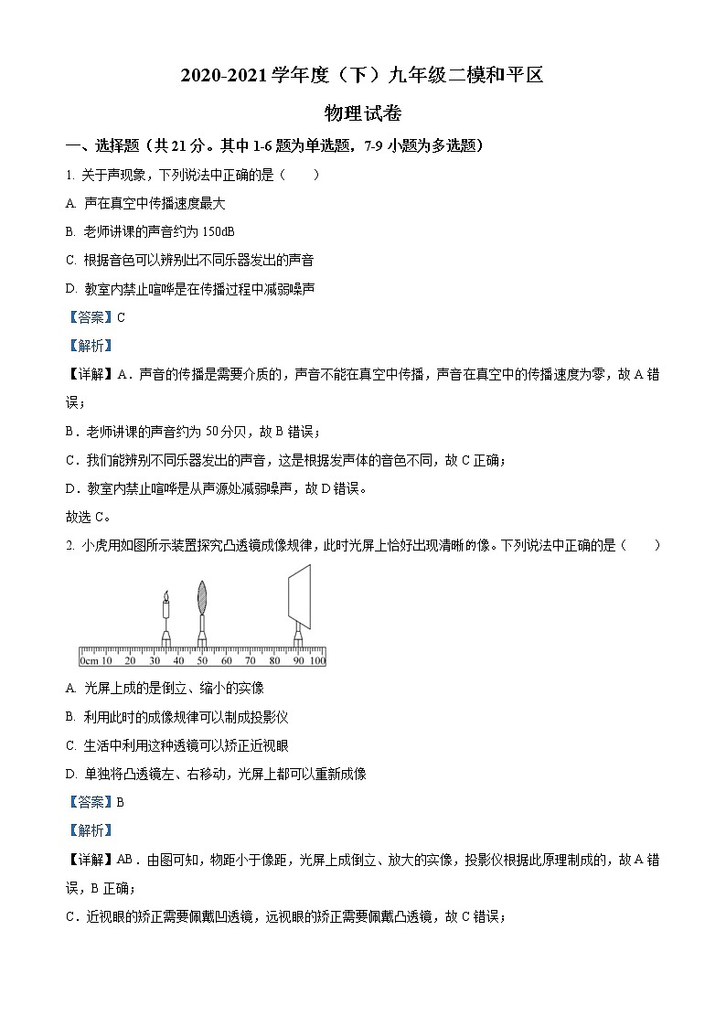 精品解析：2021年辽宁省沈阳市和平区中考二模物理试题（解析版）第1页