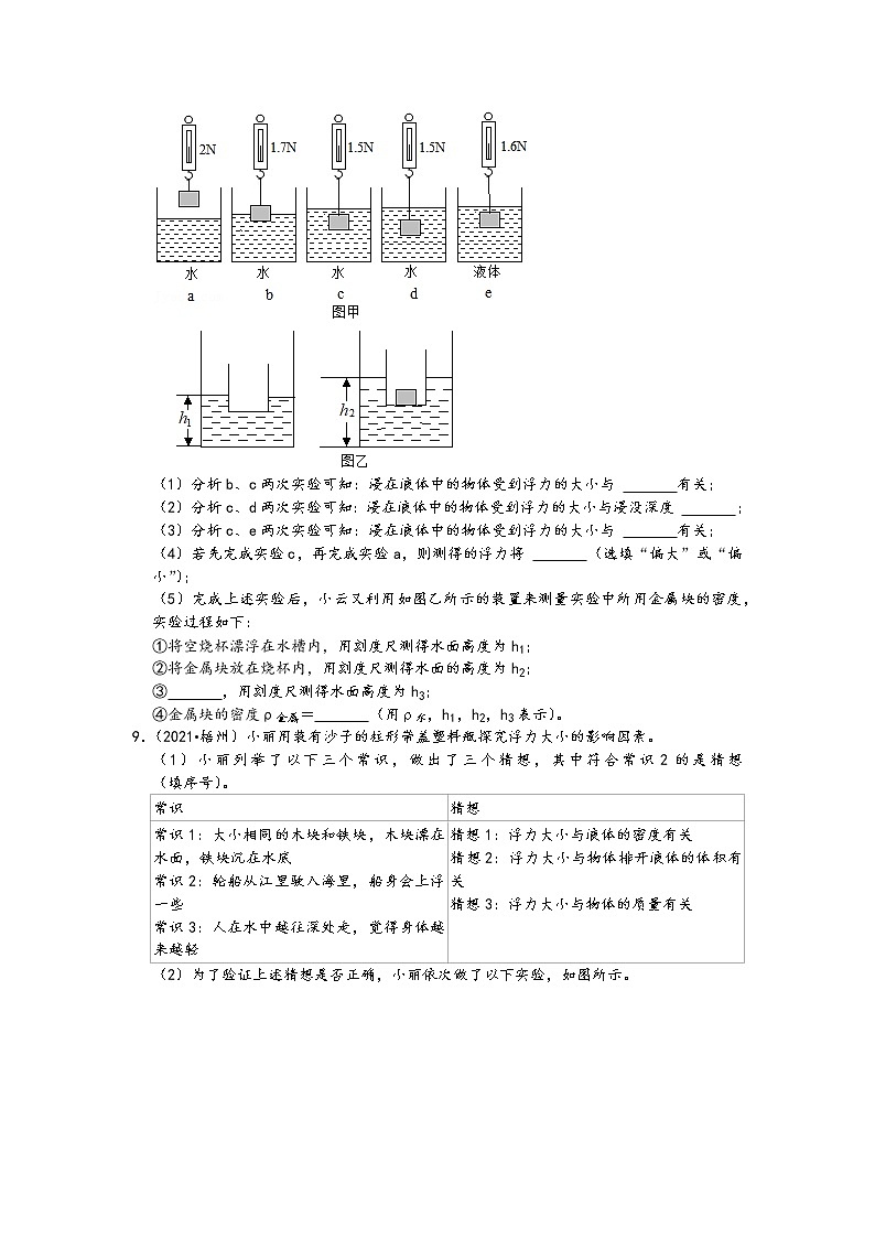 【备考2022】2021中考物理真题分类汇编-压强和浮力-浮力基础及实验（含答案28题-）03