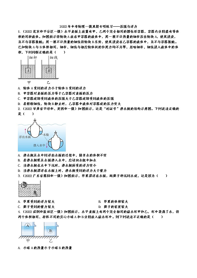 2022年中考物理一模真题专项练习——压强与浮力第1页