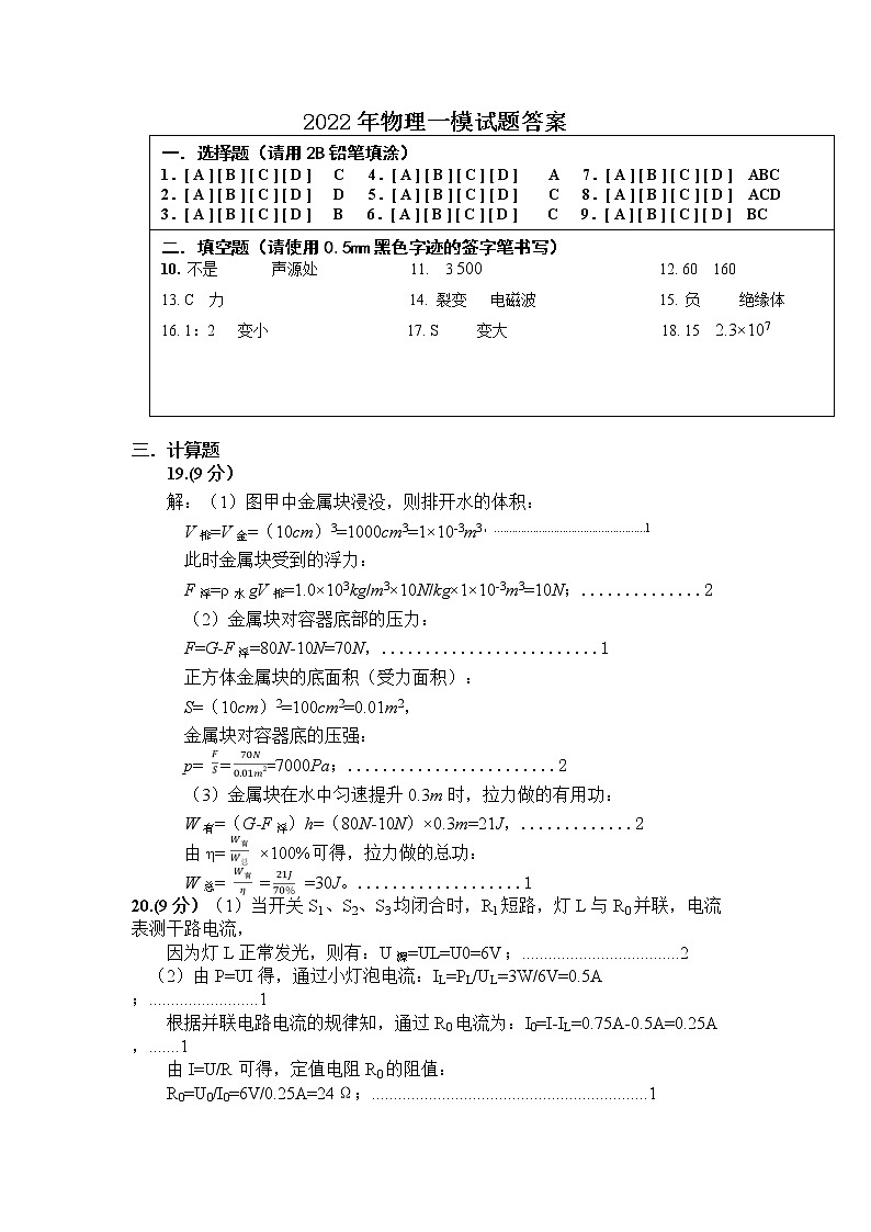 2022年辽宁省沈阳市皇姑区中考模拟（一）物理试题01