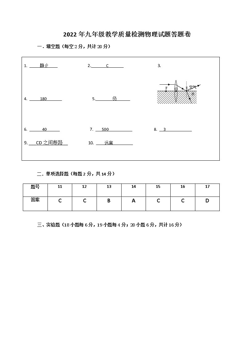 物理2022年模拟试题答题卷第1页