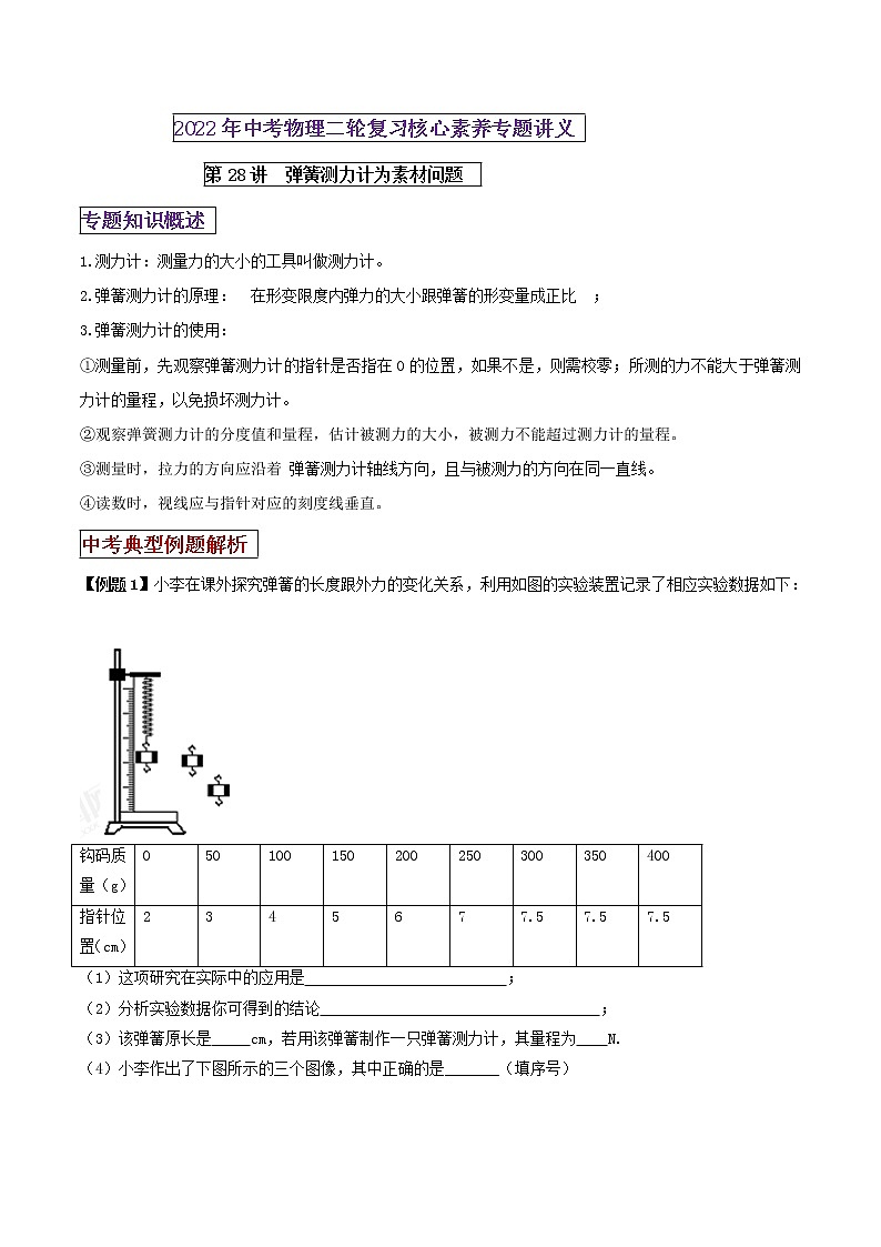 第28讲 弹簧测力计为素材问题-2022年中考物理二轮复习核心素养专题讲义01
