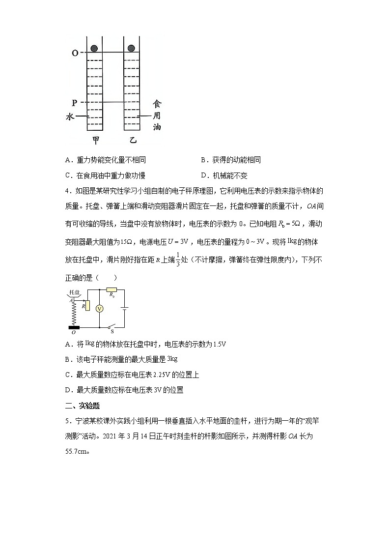 2022年浙江省台州市中考物理模拟试题(word版含答案)02