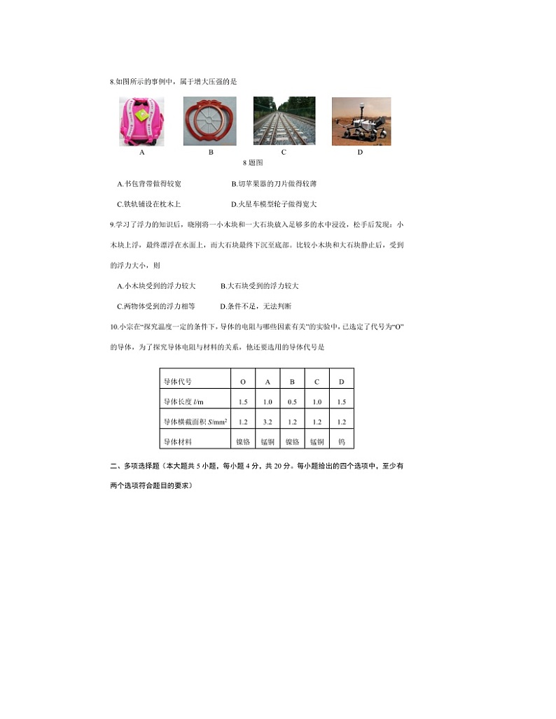 2022年山东省济南市天桥区教学诊断测试物理试题（A）03