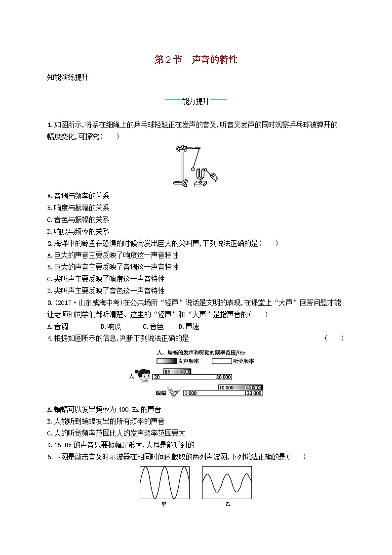 新版新人教版八年级物理上册2.2声音的特性课后习题附答案01