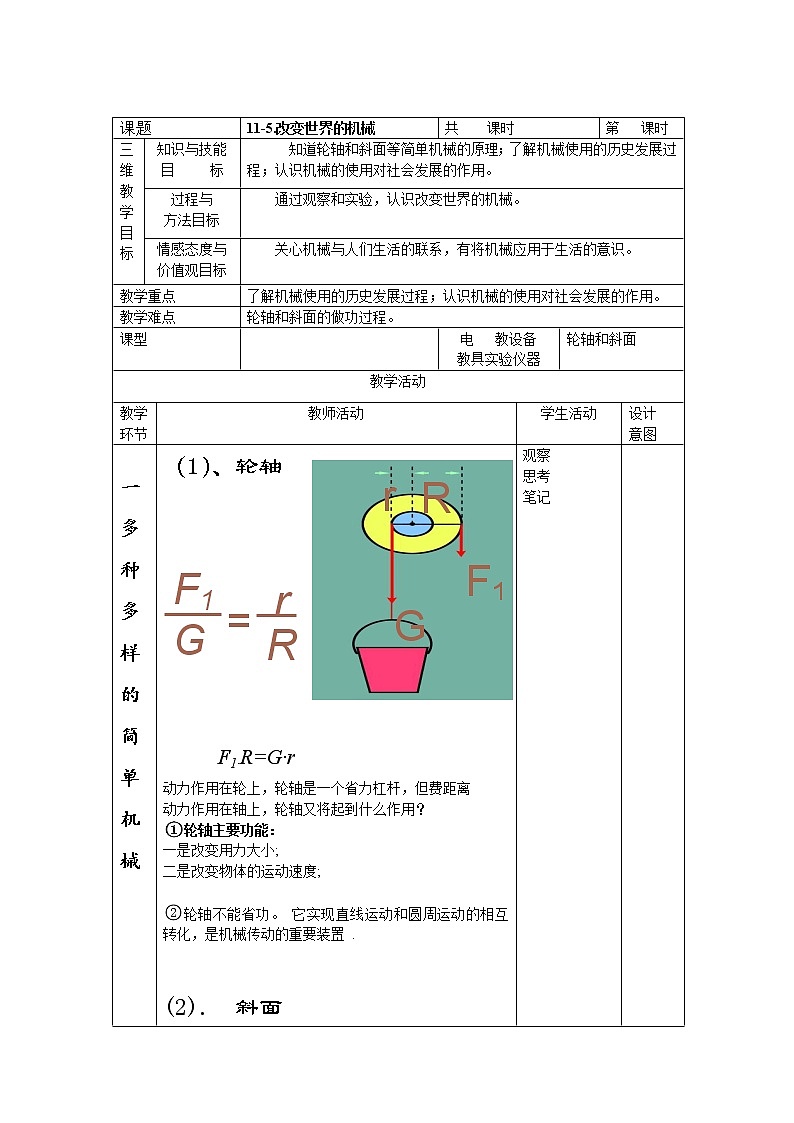 2022年教科版八年级物理下册第11章第5节改变世界的机械教案 (2)第1页