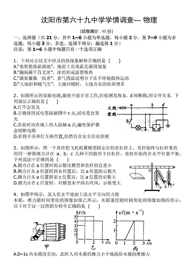 辽宁省沈阳市第六十九中学2021-2022学年九年级下学期校级模拟考试物理试卷（无答案）第1页