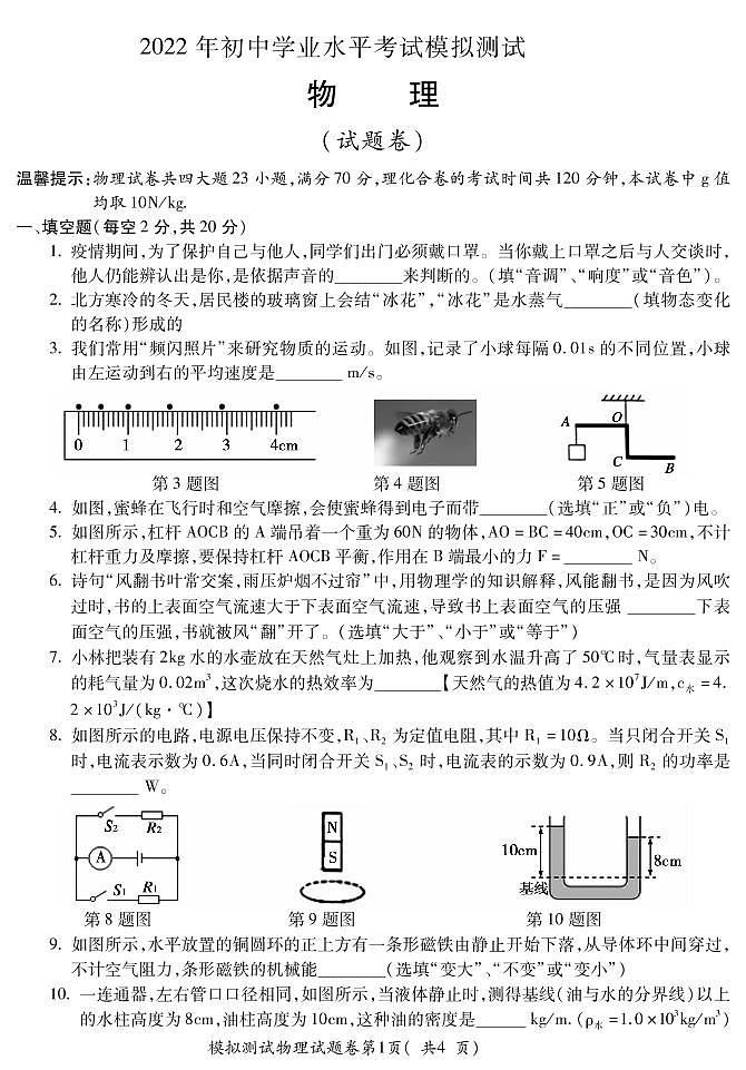 2022安徽省宣城市广德初三中考一模试卷-物理01