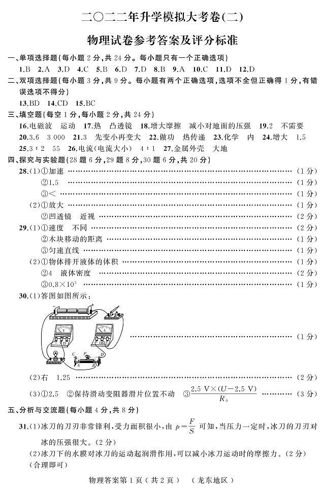2022年黑龙江省龙东地区中考物理二模升学大考卷（二）（有答案）01
