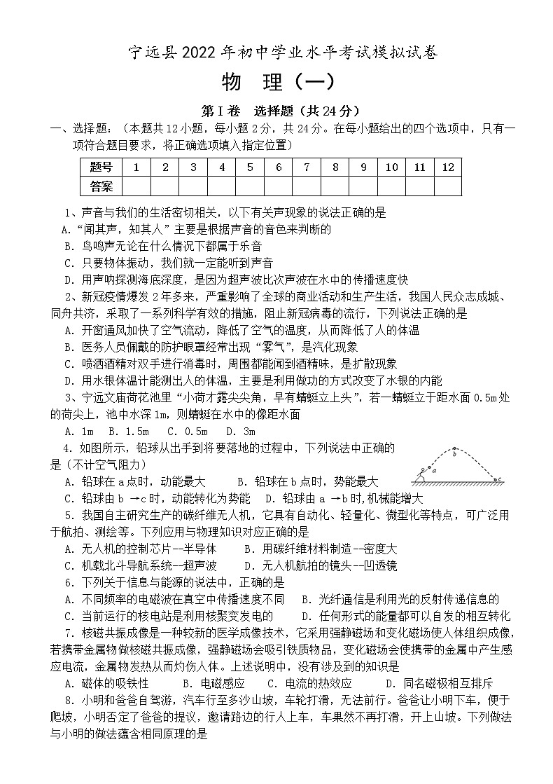2022年湖南省永州市宁远县初中学业水平考试模拟物理试题（一）(word版含答案)01